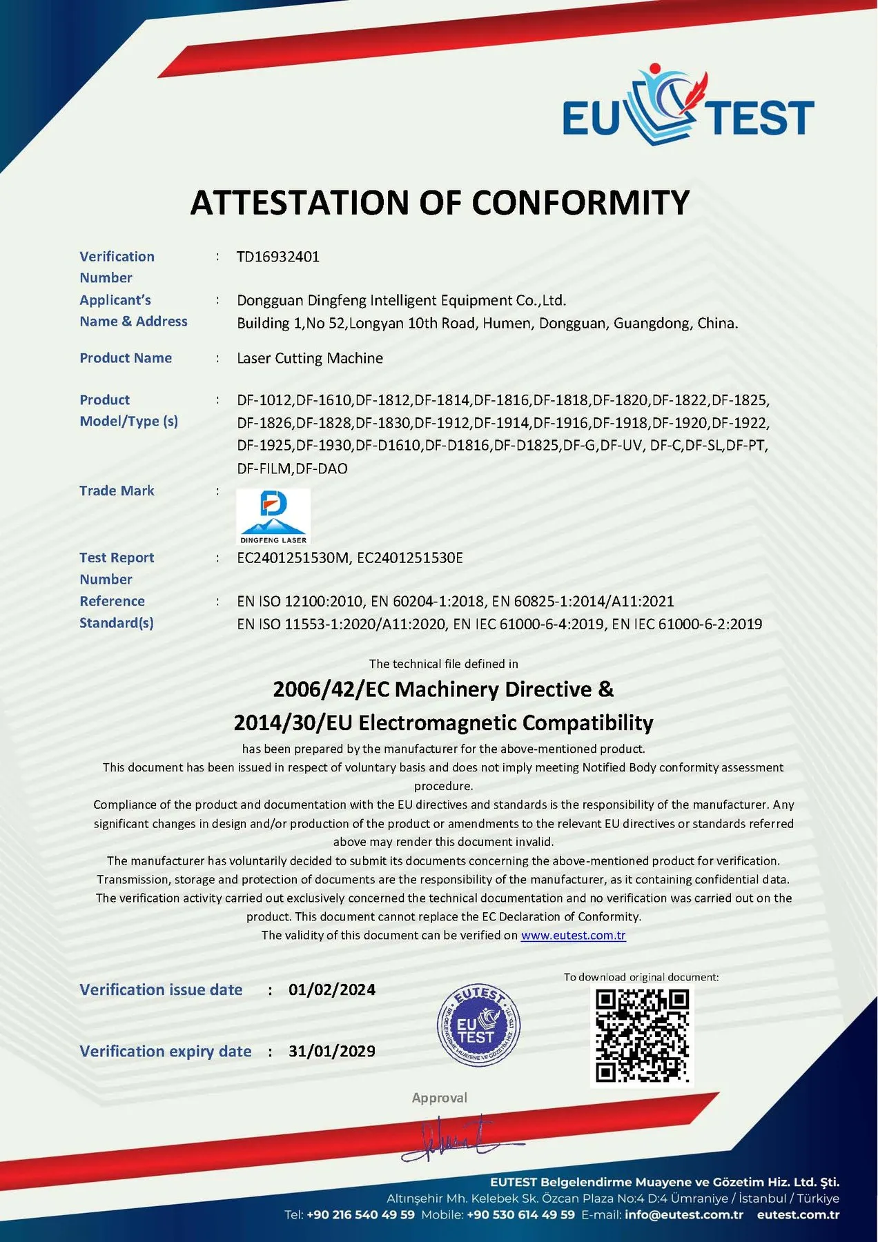 CE Attestation of Conformity (EUTEST) - Laser Cutting Machine