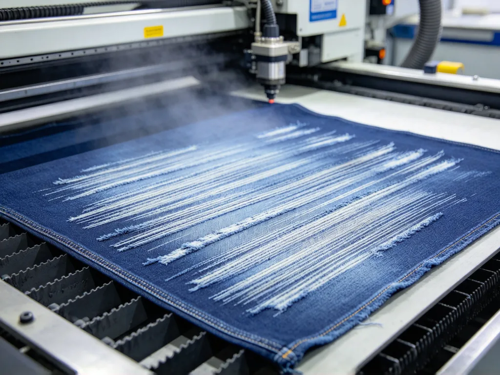 CO₂-laser: Denim med udbr&aelig;ndt m&oslash;nster, &raquo;cat-whisker&laquo;-effekt og slidt look