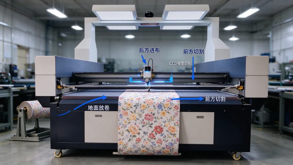 Automatic fabric laser cutter feeding mechanism and CCD vision system working together