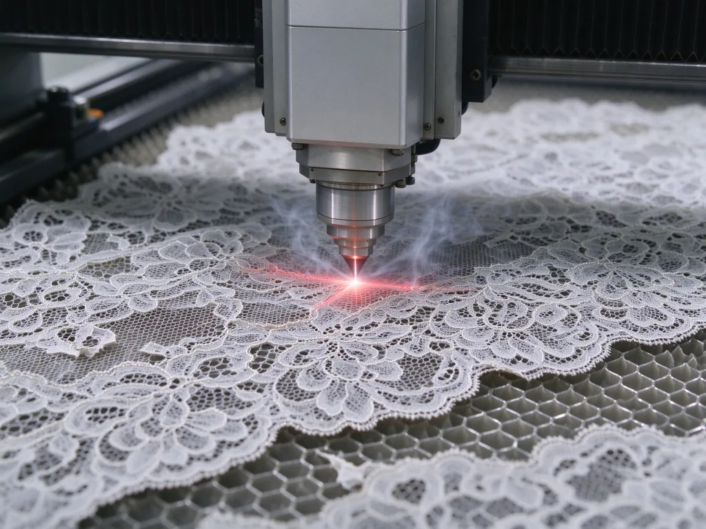 CO2 laser cutting machine precision cutting lace fabric close-up