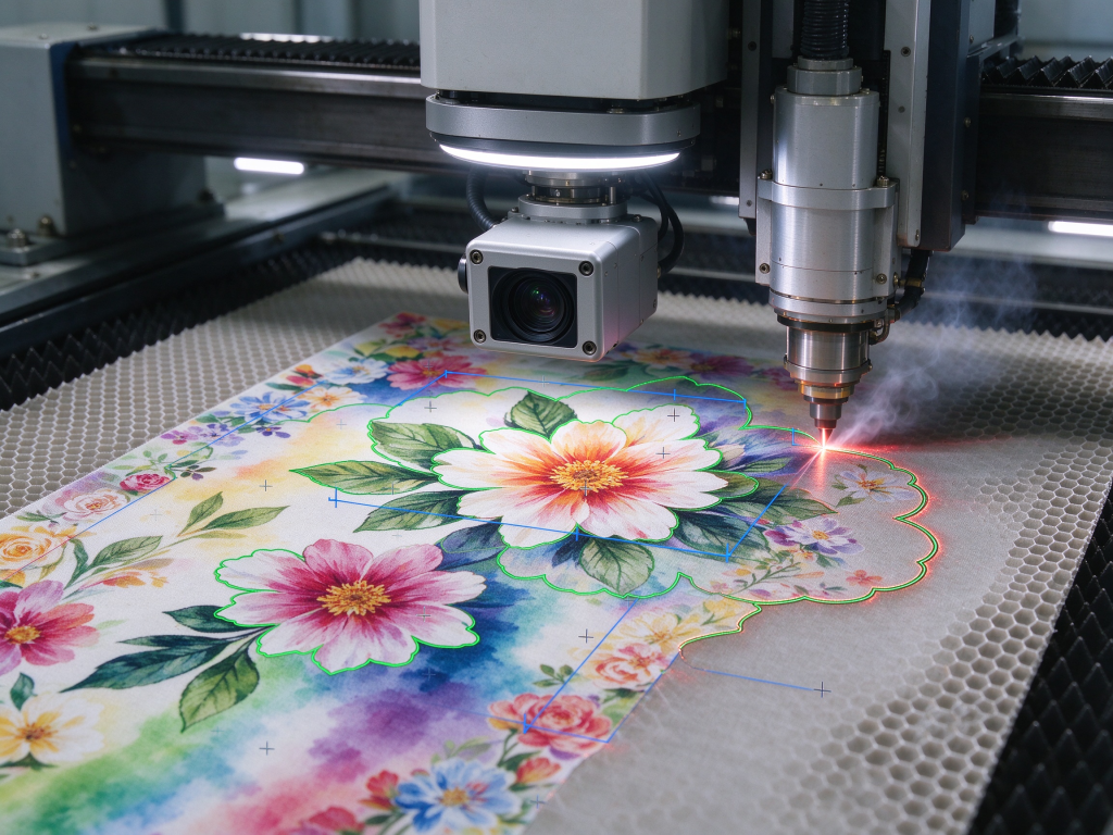 CO2 laser cutting machine precision cutting lace fabric close-up